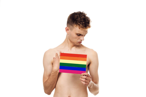 male topless lgbt flag transsexuals light background - Photo, image