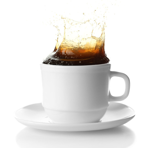 Cup of coffee with splashes, isolated on white - Foto, afbeelding