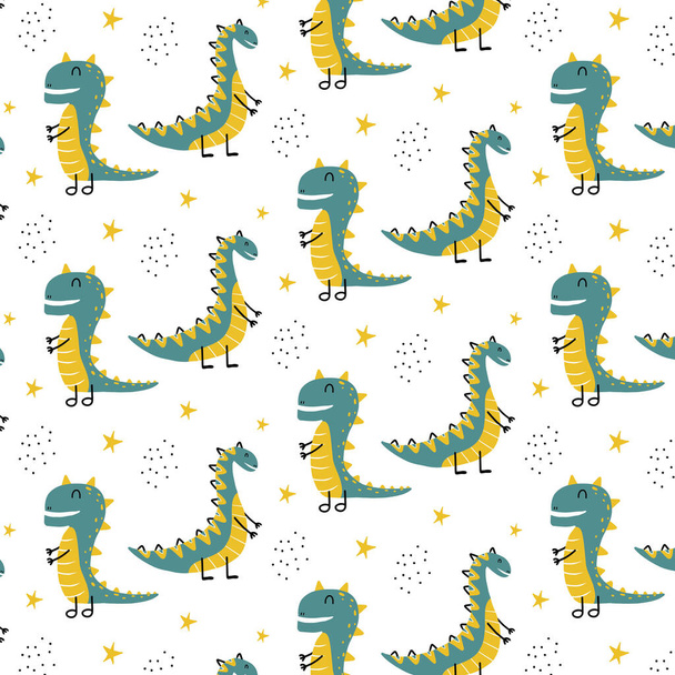Childish seamless pattern with green dinosaur and stars. Dino pattern in green-yellow colors. Suitable for fabrics, wrapping paper, prints. - Vecteur, image