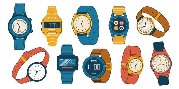 Zegarek damski i męski. Doodle analogowe i cyfrowe zegarki. Odizolowane smartwatche z kolorowymi paskami. Kolekcja akcesoriów do pomiaru czasu mody. Zegary ręczne. Zestaw czasomierzy wektorowych - Wektor, obraz