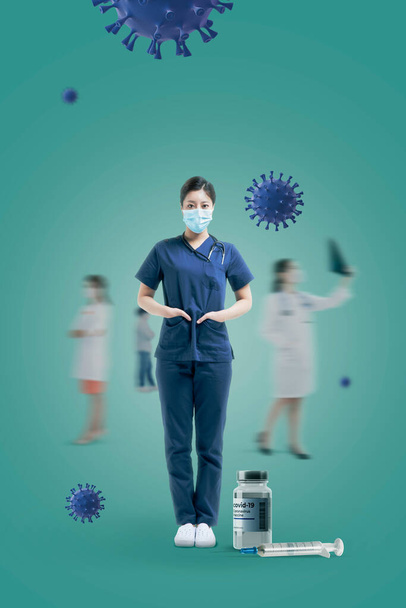 Asian female nurse in mask, covid era new norm poster - Фото, зображення