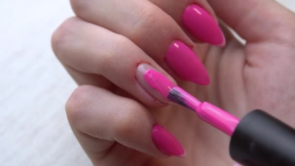 Servicio de manicura hecho a sí mismo. Manicurista pinta las uñas con esmalte de gel rosa. Aplicación de esmalte de uñas. Uñas rosadas cuidadas. - Metraje, vídeo