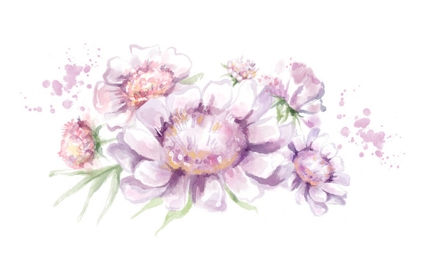 Watercolor pink flowers stylization Illustration, Business card, Postcard, Copy space, Isolated - Fotografie, Obrázek