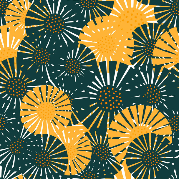 Seamless pattern abstract flowers on white background. Vintage green and yellow texture of plants for textile design. Random template print for any purpose. Simple vector fabric ornament. - Vector, Imagen