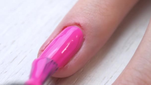 Manicure verft nagels met roze gellak. Zelfgemaakte manicure service. Gemanicuurde roze nagels. Nagellak aanbrengen. - Video