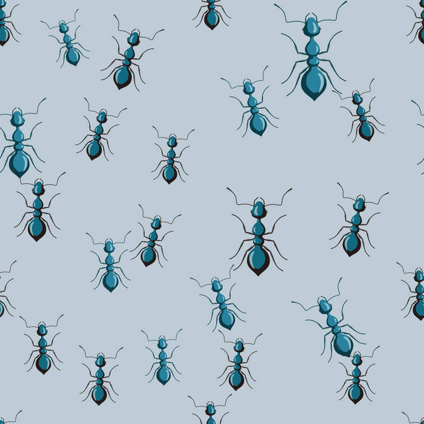 Colonia de hormigas patrón sin costuras sobre fondo azul. Plantilla de insectos vectoriales en estilo plano para cualquier propósito. Textura moderna de los animales para la tela, papel de envolver, papel pintado, tejido, ilustración. - Vector, imagen
