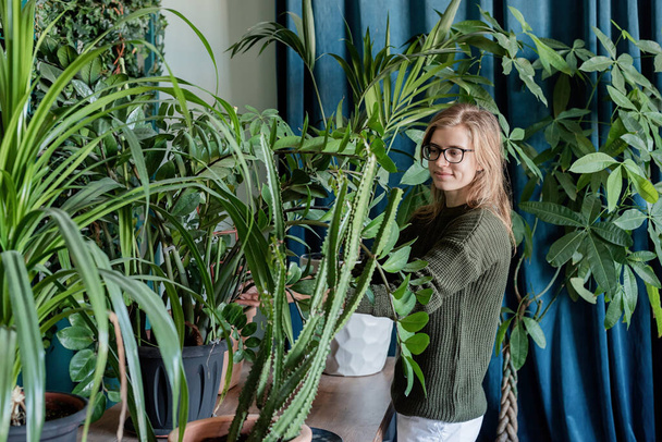 Jovem mulher em camisola verde cuidando das plantas em casa - Foto, Imagem