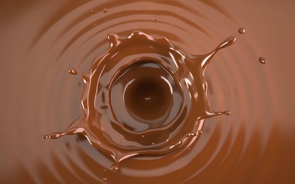 Cioccolato liquido corona spruzzata. In una piscina di cioccolato liquido. Con increspature circolari. Visto dall'alto
. - Foto, immagini