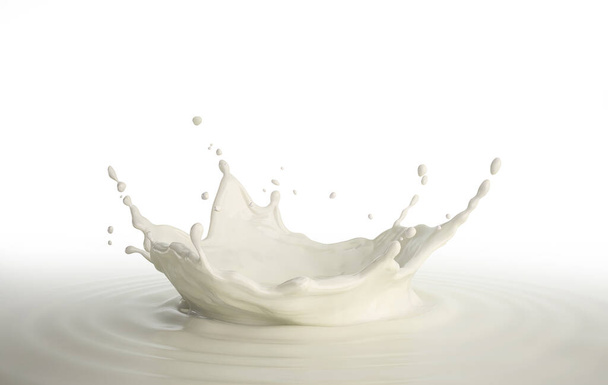 Milk crown splash, splashing in milk pool with ripples. Bird eye view. On white background.  - Valokuva, kuva