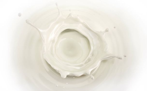 Milchkrone plätschert in Milchbecken mit kreisförmigen Wellen von oben gesehen. - Foto, Bild