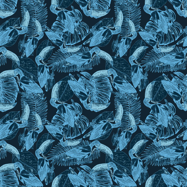 Aquarell nahtloses Muster mit Tukan. Exotische botanische Dschungeltapete mit tropischen Vögeln und Blättern. Helle Sommer Muster Hintergrund. - Foto, Bild