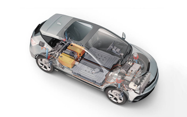 Elektro-generisches Auto technische Cutaway 3D-Rendering mit allen wichtigen Details des EV-Systems in Ghost-Effekt. Perspektivische Draufsicht auf weißem Hintergrund. - Foto, Bild