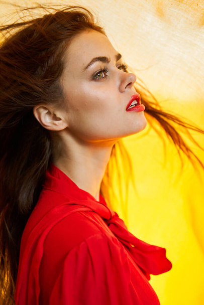 cheerful woman in red dress makeup yellow cloth posing - Foto, Imagen