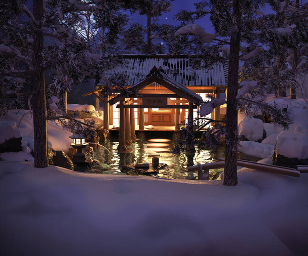 CGI Fantasy Japanese Spa in Winter at Night - Fotó, kép