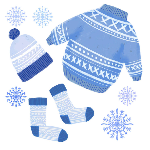 Ilustración de ropa de invierno. Jersey lindo, sombrero de punto y calcetines ilustración de color azul con copos de nieve - Foto, imagen
