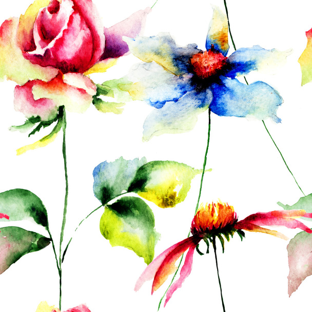 Stylized Gerber and Roses flowers illustration - Foto, afbeelding
