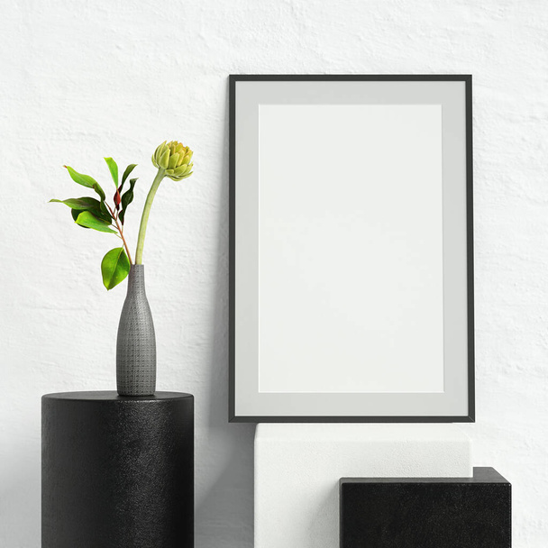 Makieta ramki plakatu na białej ścianie gipsowej z karczochem z liśćmi w wazonie i prostymi czarno-białymi obiektami geometrycznymi; orientacja portretowa; stylowa makieta ramki; renderowanie 3D, ilustracja 3D - Zdjęcie, obraz