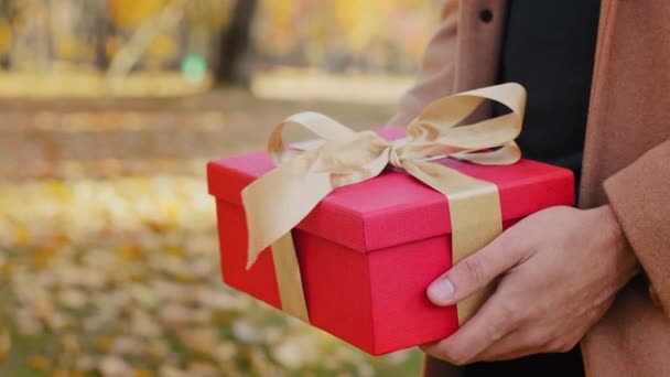 Přítel gratuluje přítelkyně neznámý chlap dát dárek nepoznatelný žena v podzimním městském parku mladá dívka obdrží překvapení červená krabice se zlatou stuhou venku mužské ruce držení dárek pro milované - Záběry, video
