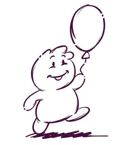 Αστείο χαρούμενο χαμογελαστό χαρακτήρα περπάτημα με αερόστατο για διακοπές γενεθλίων. Σχέδιο περίγραμμα σκίτσο ευχετήρια κάρτα χέρι συνταχθεί. Εικονογράφηση διανύσματος Eps10 - Διάνυσμα, εικόνα