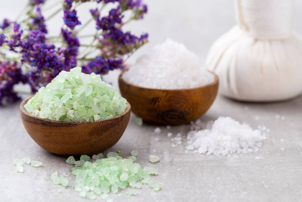 Spa setting with natural sea salt. Spa concept or template for salon treatment invitation.  - Photo, image