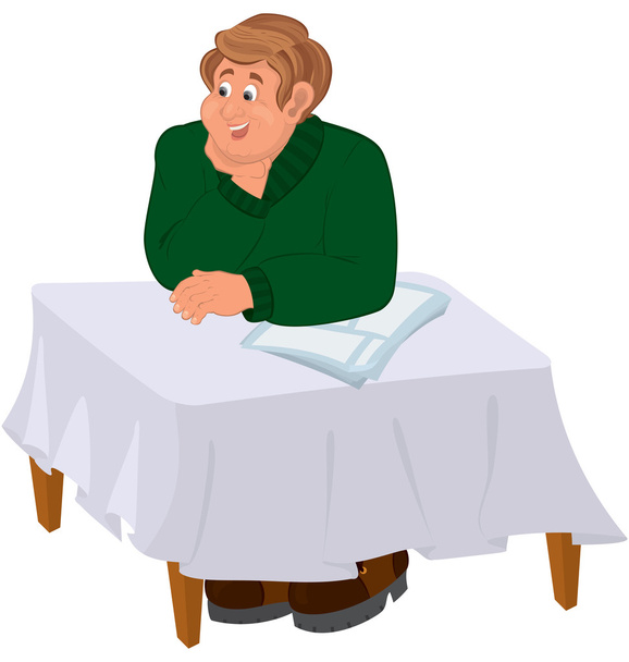 Happy cartoon man sitting at the table - Vettoriali, immagini