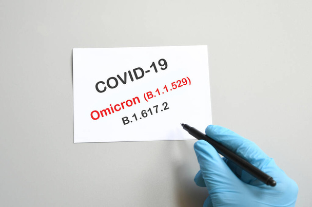 arts hand met blauwe handschoen met witte kaart en tekst Covid-19 Omicron Variant en pen. Medisch en COVID-19 omicron variant stam concept. Kopieerruimte. - Foto, afbeelding