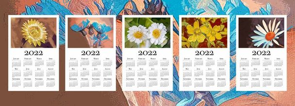 2022年の植物カレンダーのセット。2022年の垂直壁のカレンダー、週は月曜日を開始.  - ベクター画像