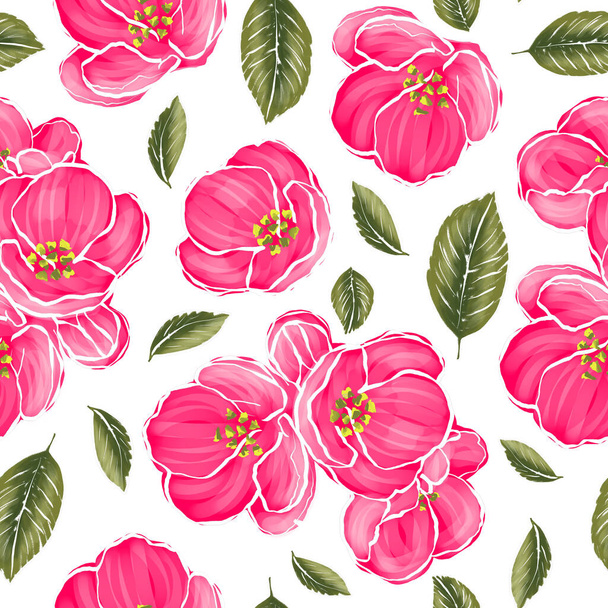 Cute pink flowers and green leaves on a white background. Seamless pattern. Digital painting. - Fotografie, Obrázek