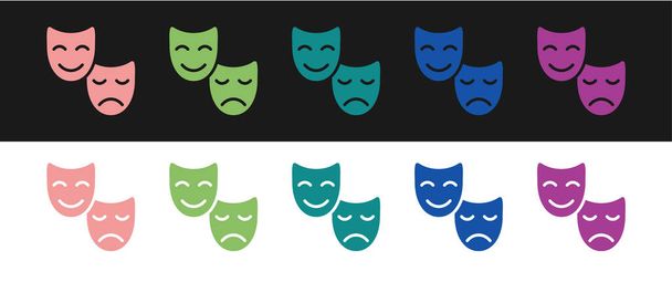 Set Komödie und Tragödie theatralische Masken Ikone isoliert auf schwarz-weißem Hintergrund. Vektor - Vektor, Bild