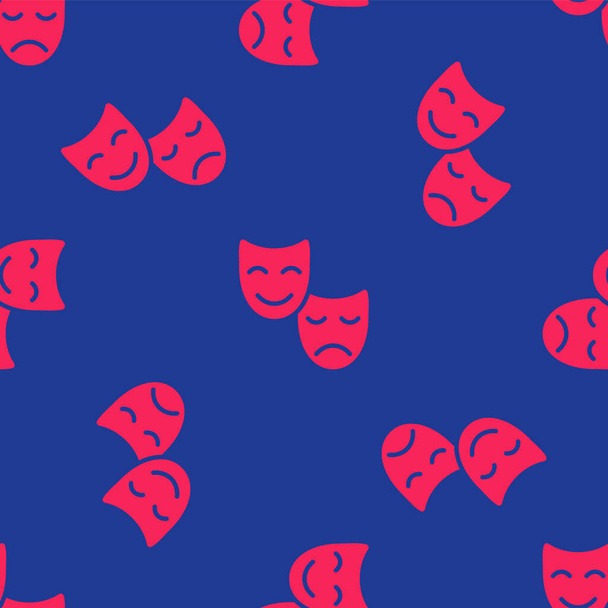 Rote Komödien- und Tragödienmasken symbolisieren isolierte, nahtlose Muster auf blauem Hintergrund. Vektor - Vektor, Bild