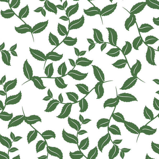 Patrón sin costuras, impresión de ramas dibujadas con hojas sobre un fondo blanco con una sombra. Diseño para textiles y papel pintado. Decoración para el embalaje. - Vector, imagen