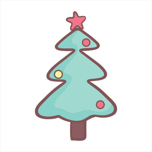 Decorated christmas tree with star, lights, decoration balls and lamps. Merry Christmas and a happy new year. Flat style vector illustration. - Vektor, obrázek