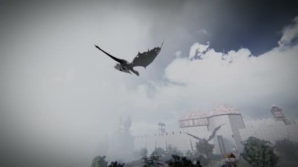 Mythological dragon flying over a medieval village - Video, Çekim