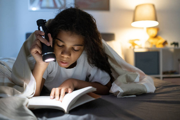 Concentrated Girl Enjoying Reading At Night - Photo, Image