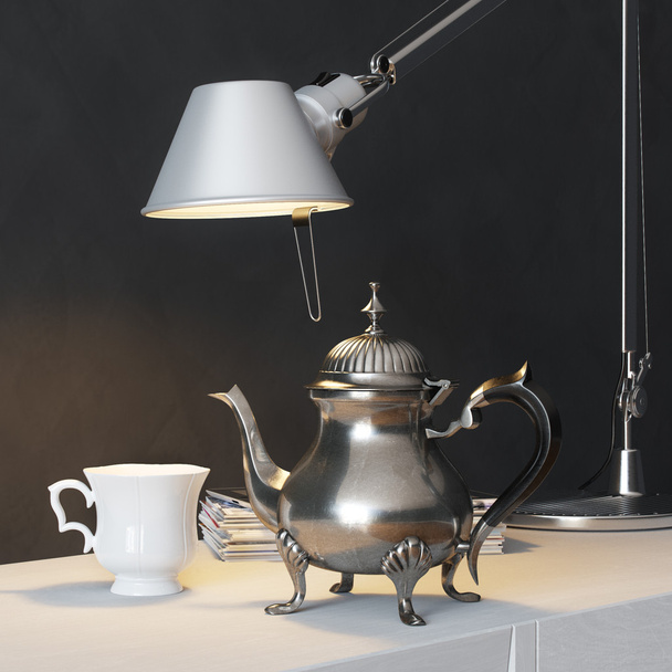 Vintage Metal Coffee Pot With Cup And Lamp On The Coffee Table - 写真・画像