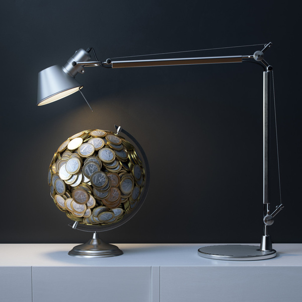 Globe Created Of Euro Coins Under The Lamp In Interior Room - Foto, immagini