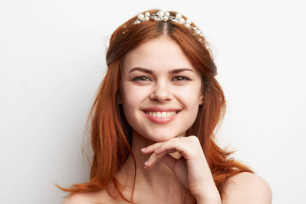 woman bare shoulders red hair makeup glamor smile model - Photo, image