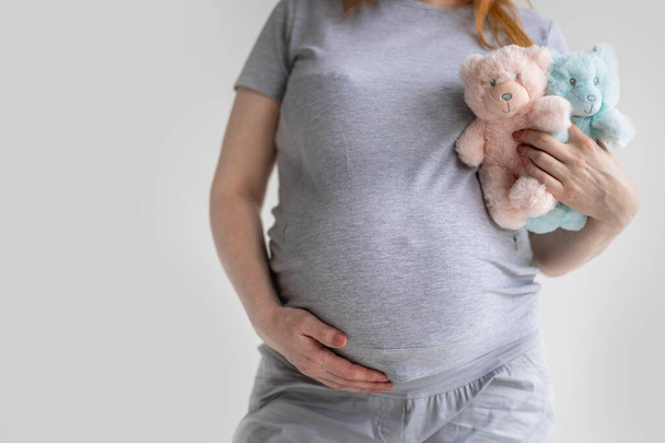 Closeup young pregnant woman hugging two bear toys on huge belly posing isolated on white studio - 写真・画像