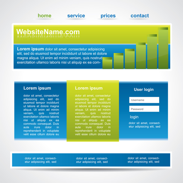 Sininen ja vihreä verkkosivusto malli kolmessa pääosassa
 - Vektori, kuva