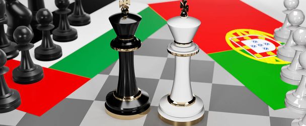 Emiratos Árabes Unidos y Portugal - charlas, debate o diálogo entre esos dos países se muestra como dos reyes de ajedrez con banderas nacionales que simbolizan el arte sutil de la diplomacia, ilustración 3d - Foto, imagen