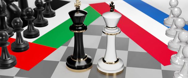 Emiratos Árabes Unidos y Holanda - charlas, debate o diálogo entre esos dos países se muestra como dos reyes de ajedrez con banderas nacionales que simbolizan el arte sutil de la diplomacia, ilustración 3d - Foto, imagen