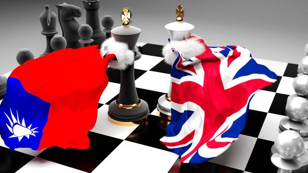 Taiwan Regno Unito Inghilterra - dibattito e dialogo tra questi due paesi mostrati come due re degli scacchi con bandiere nazionali che simboleggiano la sottile arte della diplomazia, illustrazione 3d - Foto, immagini