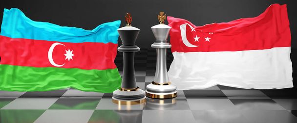 Azerbaiyán Singapur cumbre, reunión o alianza entre esos dos países que tiene como objetivo resolver los problemas políticos, simbolizado por un juego de ajedrez con banderas nacionales, 3d ilustración - Foto, imagen