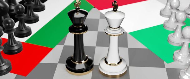Emiratos Árabes Unidos e Italia - charlas, debate o diálogo entre esos dos países se muestra como dos reyes de ajedrez con banderas nacionales que simbolizan el arte sutil de la diplomacia, ilustración 3d - Foto, imagen