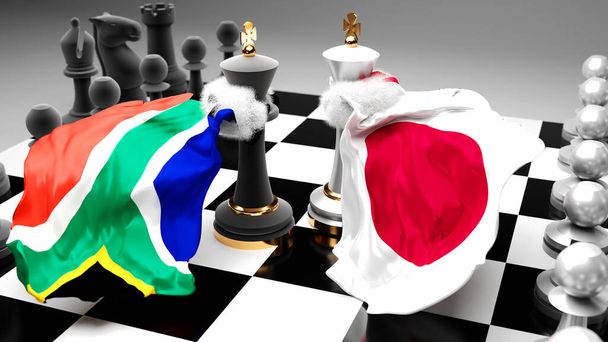 Sud Africa Giappone - dibattito e dialogo tra questi due paesi rappresentati come due re degli scacchi con bandiere nazionali che simboleggiano la sottile arte della diplomazia, illustrazione 3D - Foto, immagini