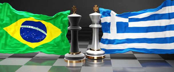 Brasil Grecia cumbre, reunión o alianza entre esos dos países que tiene como objetivo resolver los problemas políticos, simbolizado por un juego de ajedrez con banderas nacionales, 3d ilustración - Foto, imagen