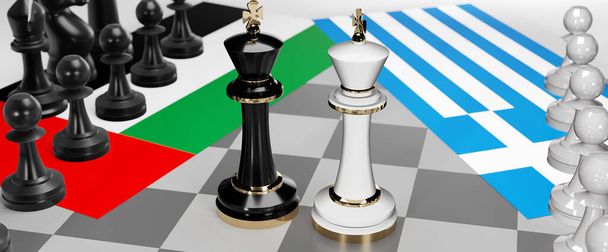 Emiratos Árabes Unidos y Grecia conversaciones, debate o diálogo entre esos dos países se muestran como dos reyes de ajedrez con banderas nacionales que simbolizan el arte sutil de la diplomacia, ilustración 3d - Foto, imagen