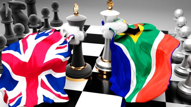 Reino Unido Inglaterra Sudáfrica debate y diálogo entre esos dos países se muestra como dos reyes de ajedrez con banderas nacionales que simbolizan el arte sutil de la diplomacia, ilustración 3d - Foto, Imagen