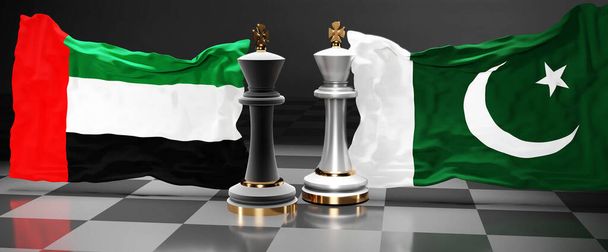 Emiratos Árabes Unidos Pakistán cumbre, reunión o alianza entre esos dos países que tiene como objetivo resolver los problemas políticos, simbolizado por un juego de ajedrez con banderas nacionales, 3d ilustración - Foto, imagen