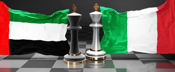 Yhdistyneet arabiemiirikunnat Italian huippukokous, kokous tai vieraantuminen näiden kahden maan välillä, jonka tavoitteena on ratkaista poliittisia kysymyksiä, symboloi shakkipeli kansallisten lippujen, 3d kuva - Valokuva, kuva